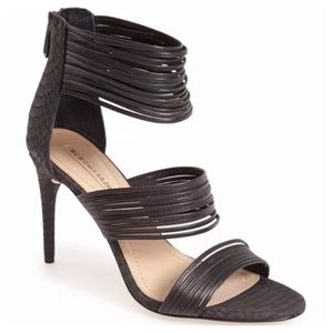 $275 | BCBGMAXAZRIA Pex Strappy Black Leather Zip Strappy Heels Sandals 6.5